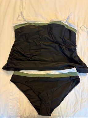 Women’s Black Tankini Swim Set with Olive & White Trim